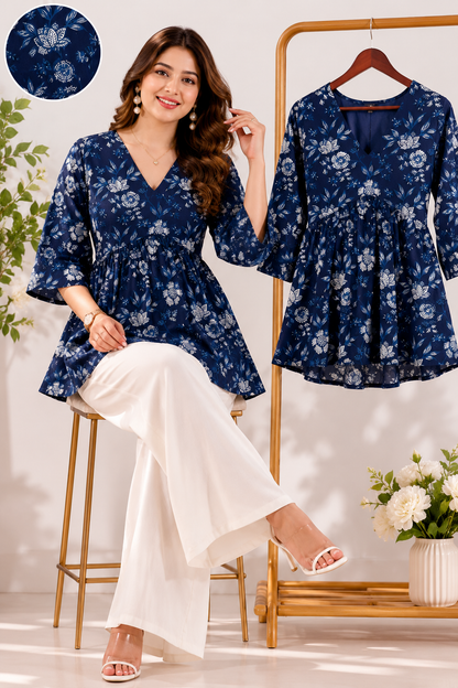 Navy Blue Floral Rayon Peplum Top for Women | V-Neck Bell Sleeve Casual, Office & Beach Wear Kurti Top