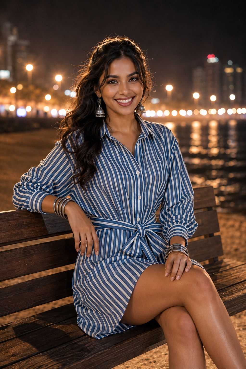Blue Striped Cotton Shirt Dress with Belt – Fusion Wear for Beach & Casual Parties