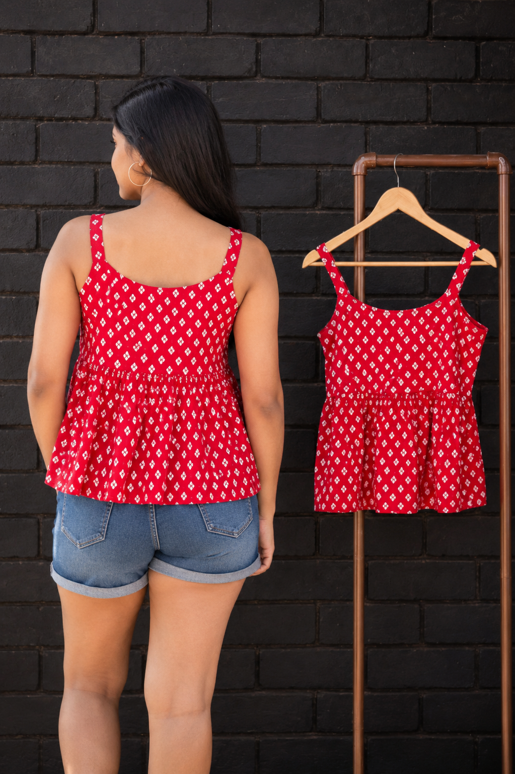 Red Bandhani Print Cotton Blend Peplum Tunic Top – Casual & Summer Wear for Women