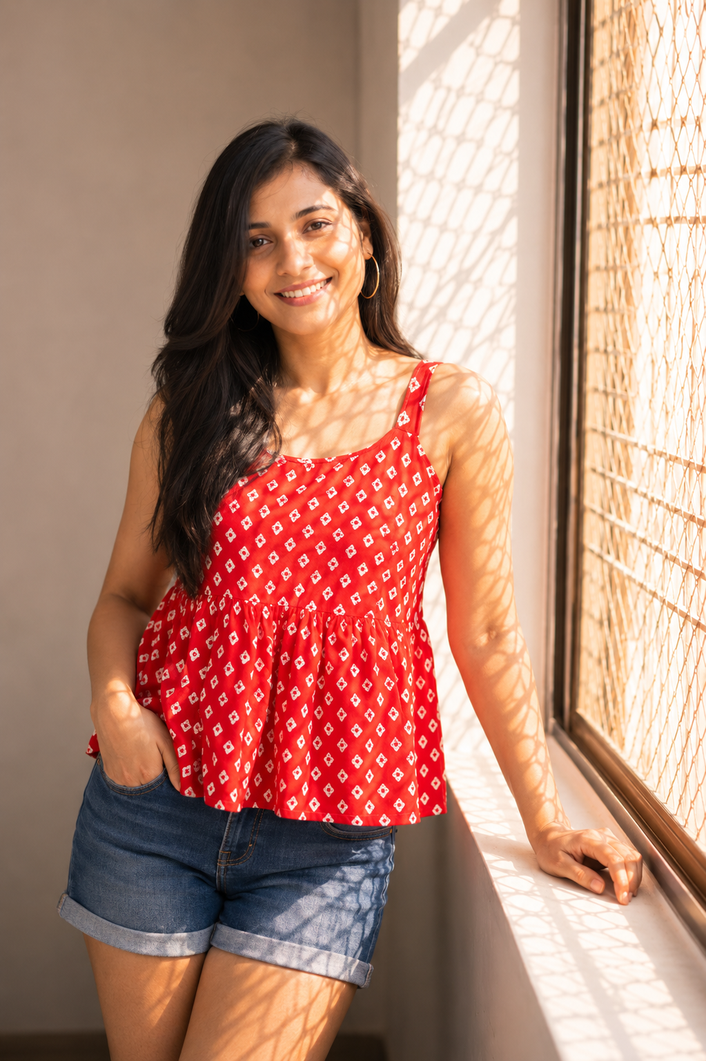 Red Bandhani Print Cotton Blend Peplum Tunic Top – Casual & Summer Wear for Women