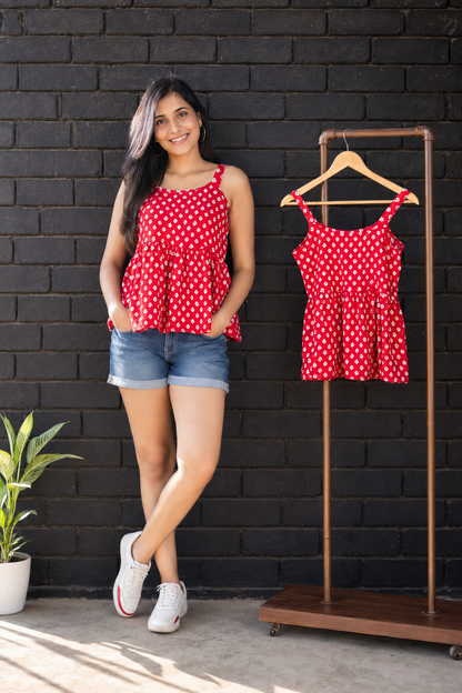 Red Bandhani Print Cotton Blend Peplum Tunic Top – Casual & Summer Wear for Women