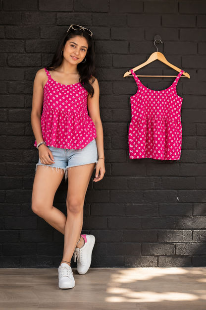 Hot Pink Bandhani Print Cotton Blend Peplum Tunic Top – Casual & Summer Wear for Women