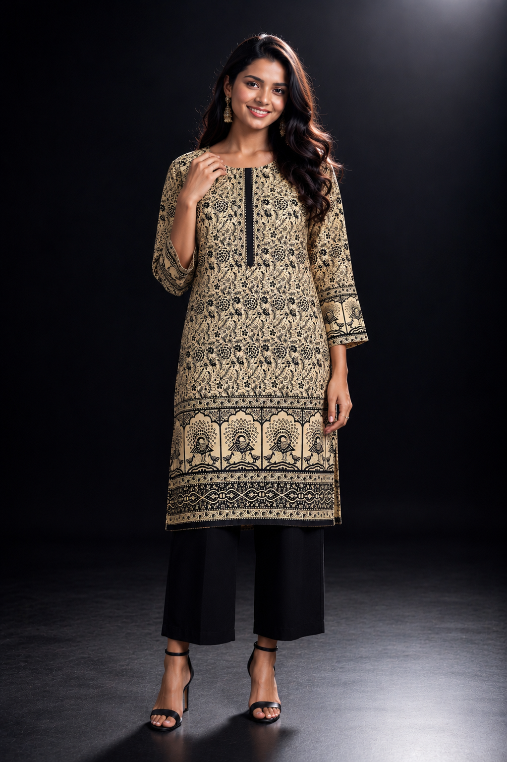 Beige & Black Floral Placement Print Cotton Blend Kurti