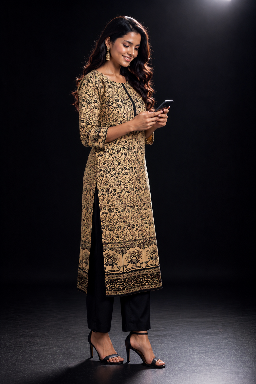 Beige & Black Floral Placement Print Cotton Blend Kurti