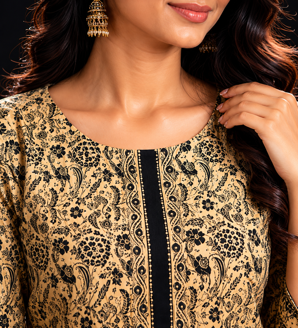 Beige & Black Floral Placement Print Cotton Blend Kurti