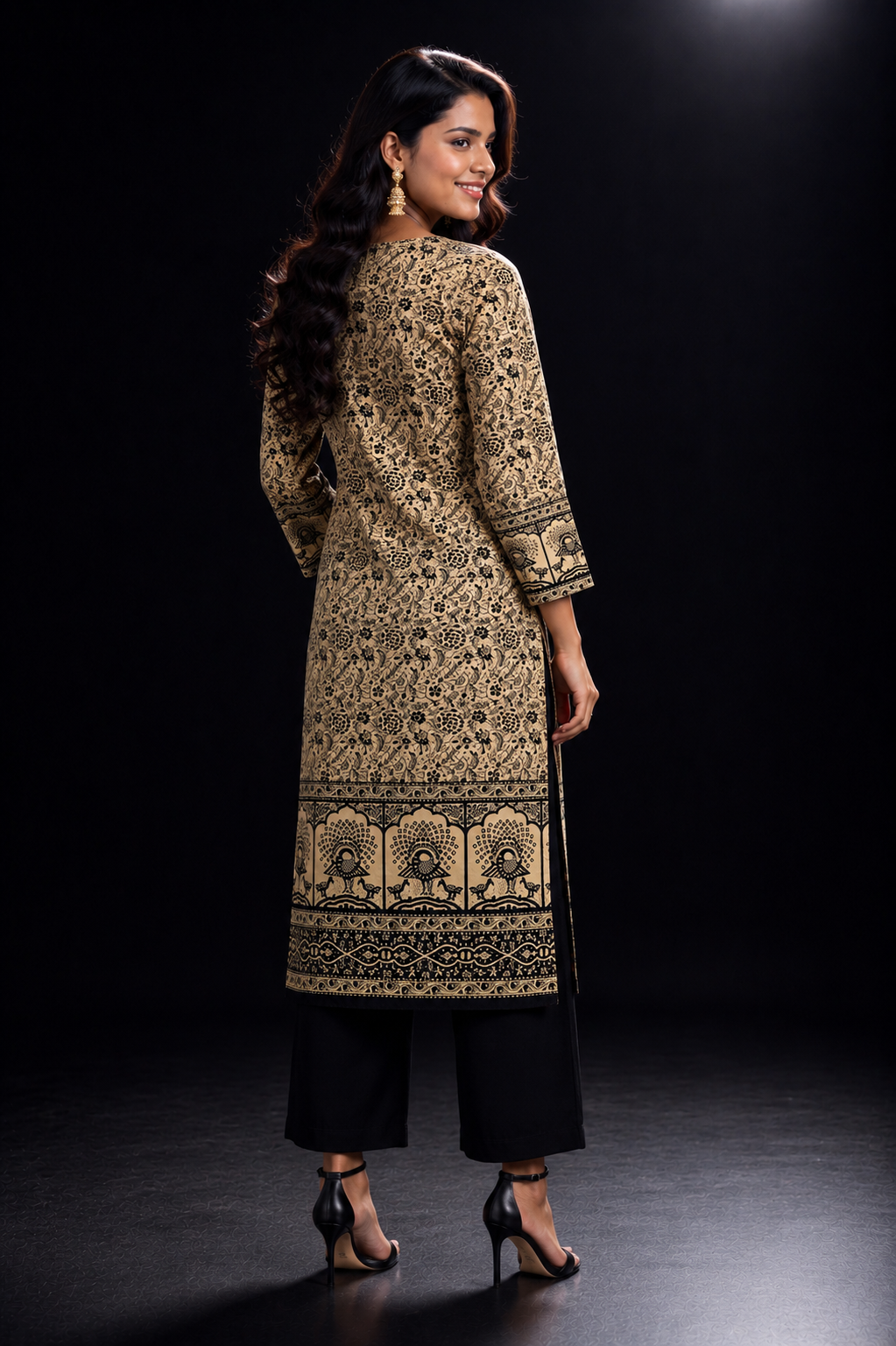 Beige & Black Floral Placement Print Cotton Blend Kurti