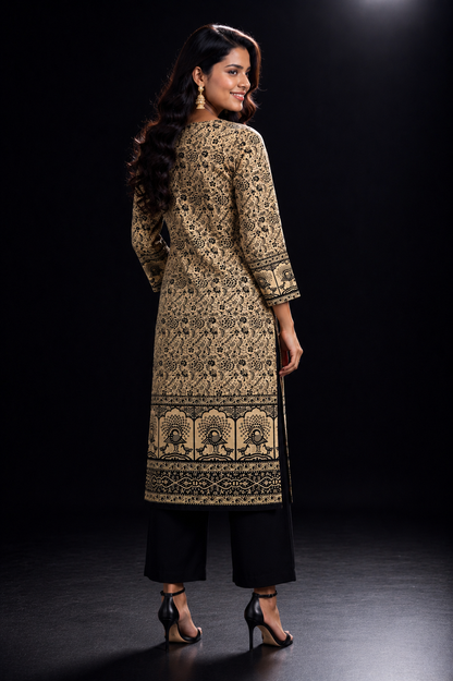 Beige & Black Floral Placement Print Cotton Blend Kurti