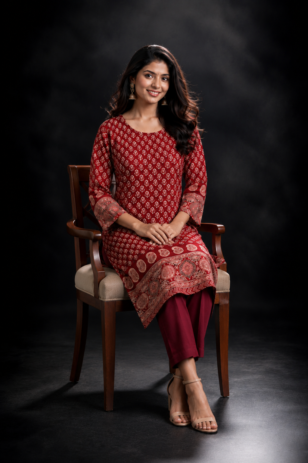 Red Floral Placement Print Cotton Blend Kurti