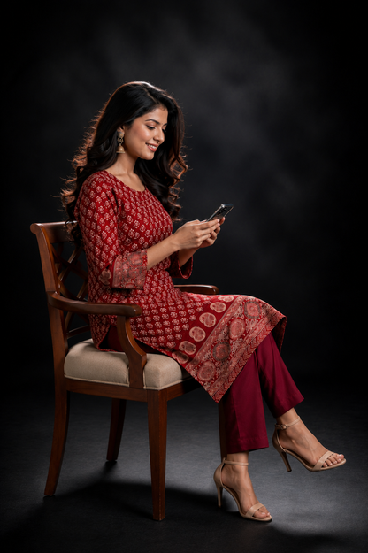 Red Floral Placement Print Cotton Blend Kurti