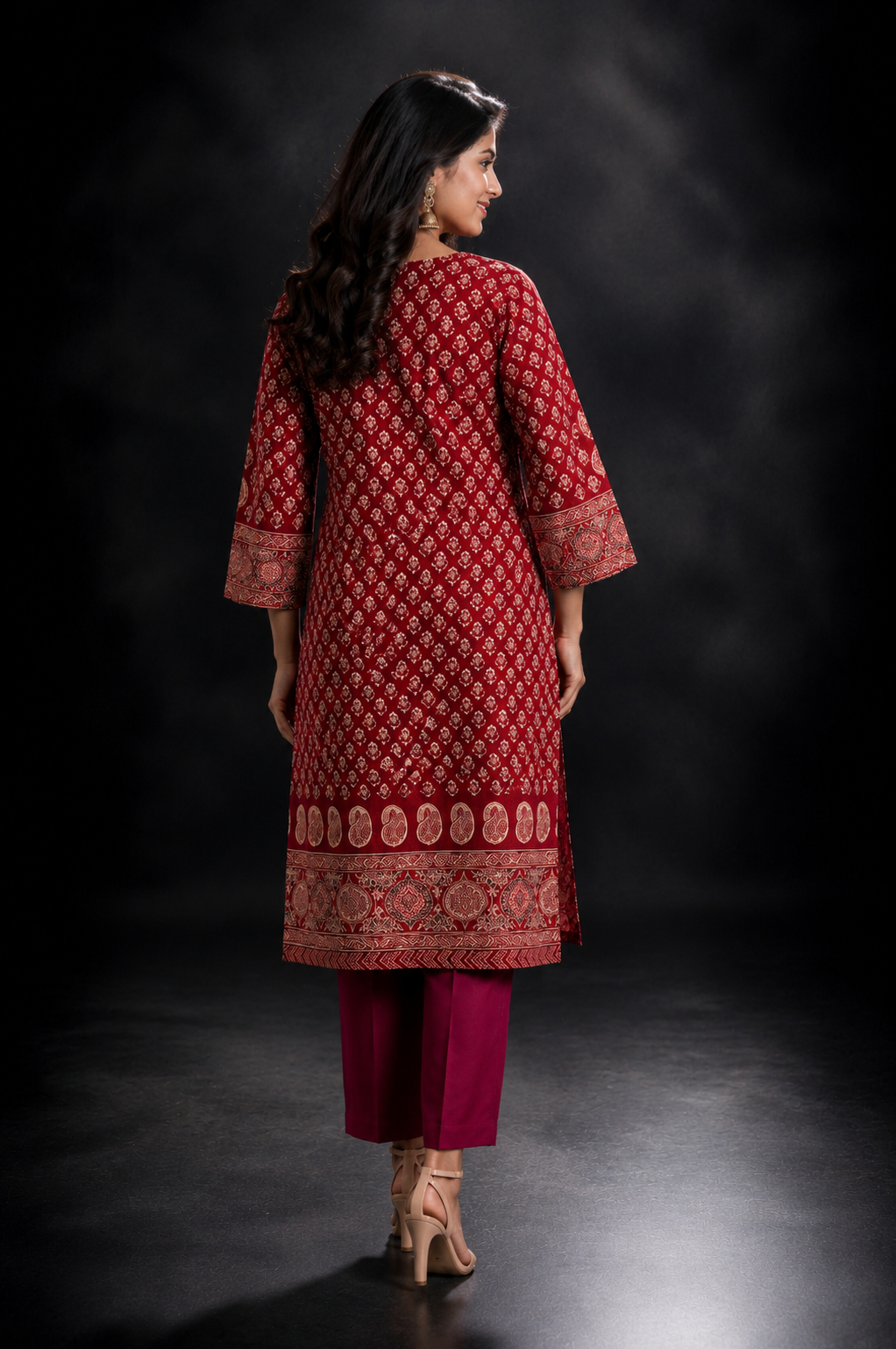 Red Floral Placement Print Cotton Blend Kurti