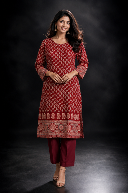 Red Floral Placement Print Cotton Blend Kurti