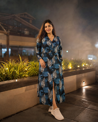 Teal Feather Print Maxi Shirt Dress
