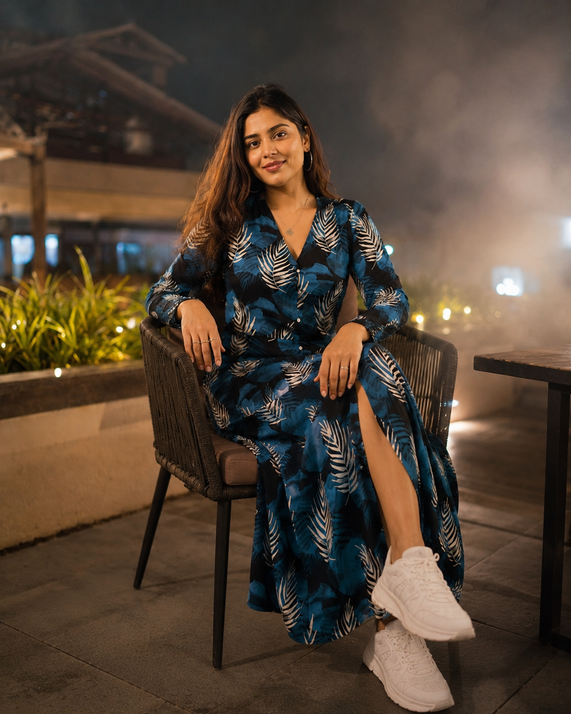 Teal Feather Print Maxi Shirt Dress