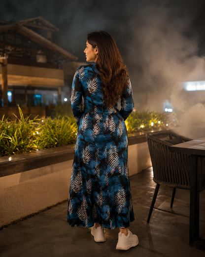 Teal Feather Print Maxi Shirt Dress