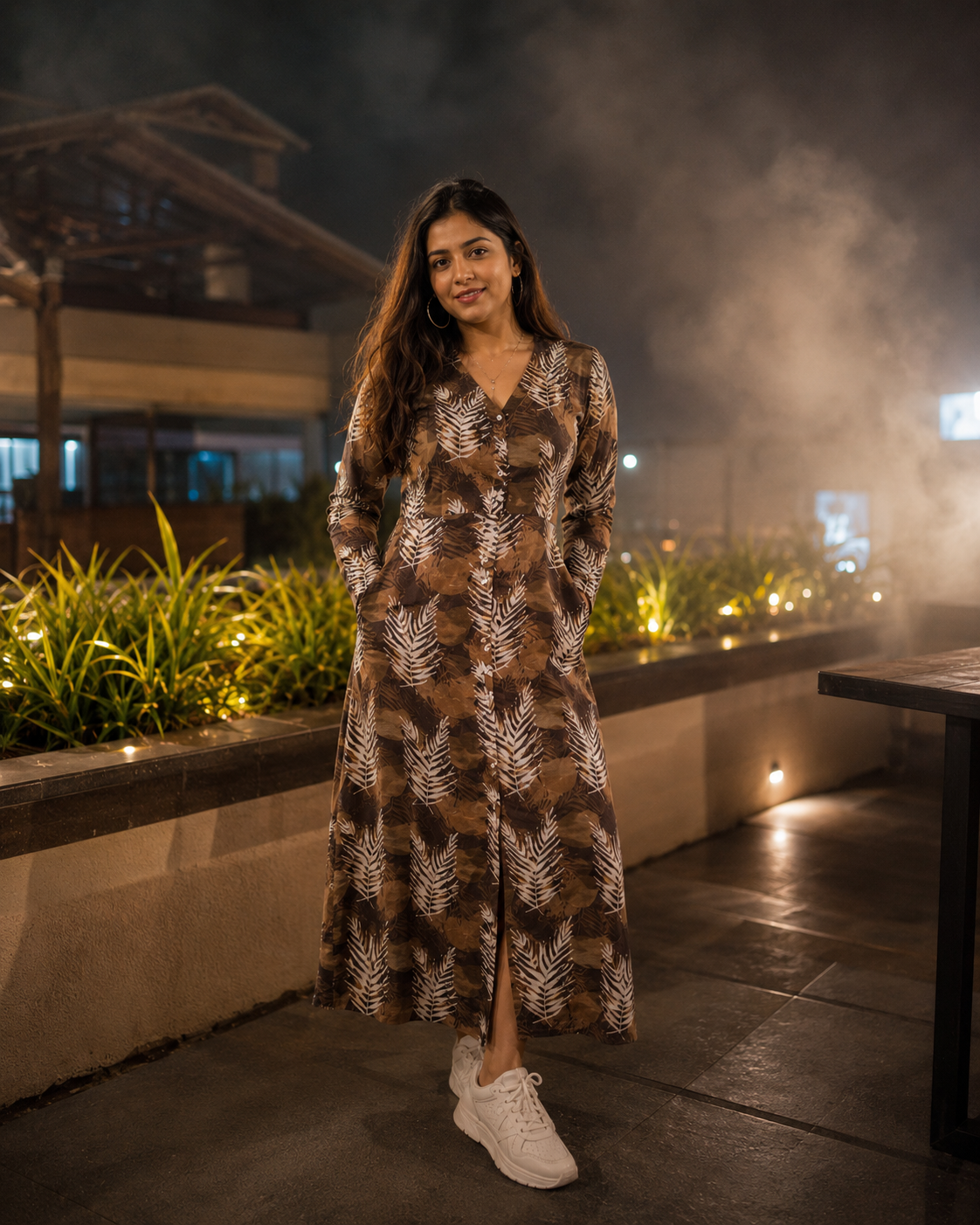 Chocolate Brown Tropical Leaf Print Maxi Dress for Women | V-Neck Full Sleeve Ankle Length Dress with Pockets | Beach, Mountain & Cocktail Party Wear