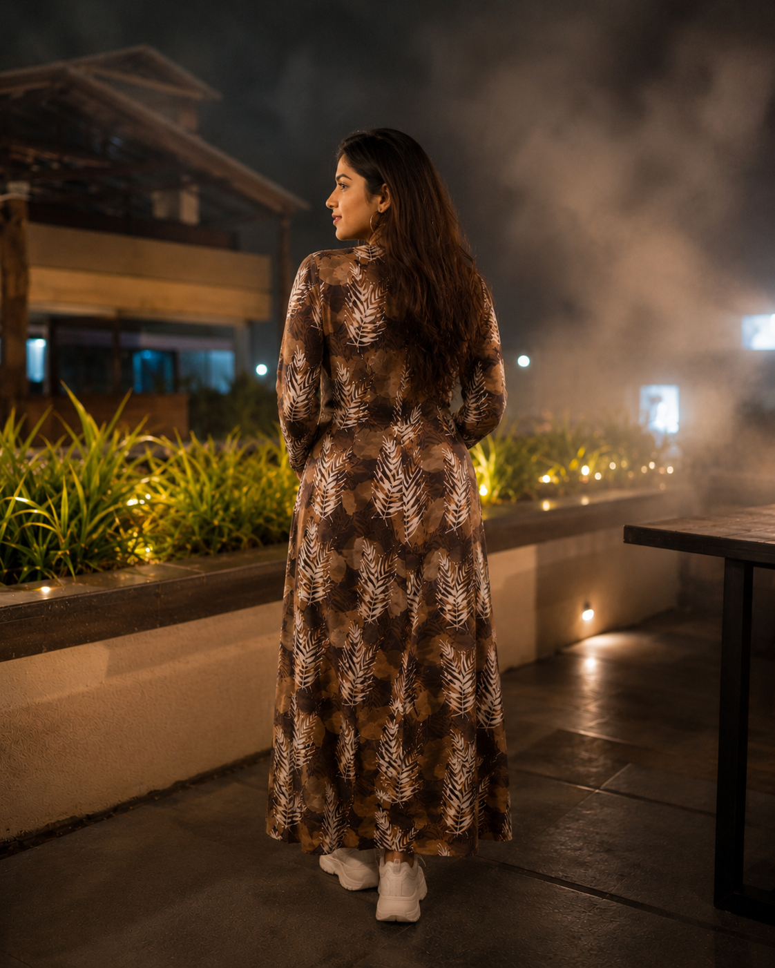 Chocolate Brown Tropical Leaf Print Maxi Dress for Women | V-Neck Full Sleeve Ankle Length Dress with Pockets | Beach, Mountain & Cocktail Party Wear