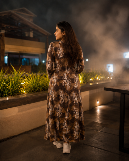 Chocolate Brown Tropical Leaf Print Maxi Dress for Women | V-Neck Full Sleeve Ankle Length Dress with Pockets | Beach, Mountain & Cocktail Party Wear