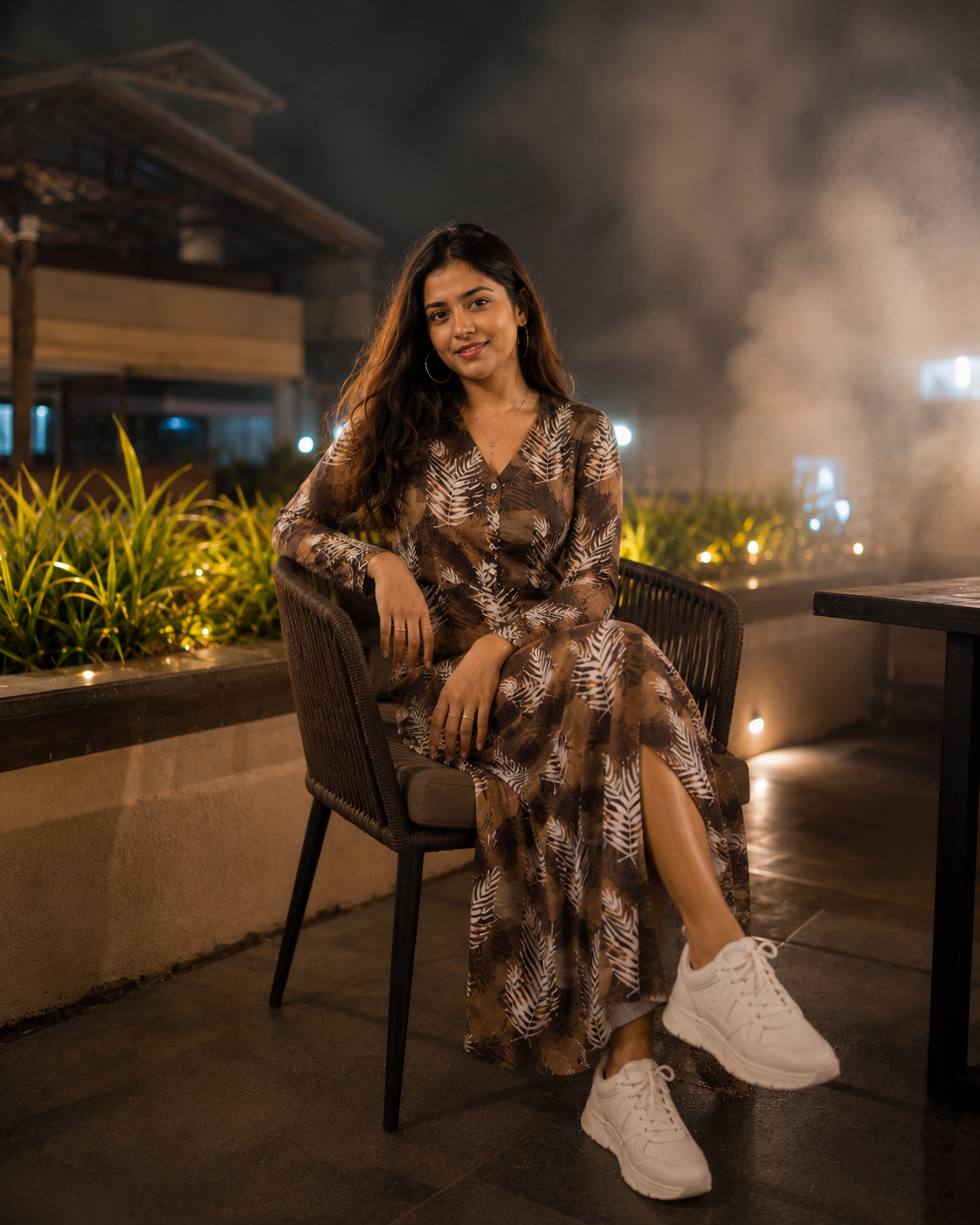 Chocolate Brown Tropical Leaf Print Maxi Dress for Women | V-Neck Full Sleeve Ankle Length Dress with Pockets | Beach, Mountain & Cocktail Party Wear