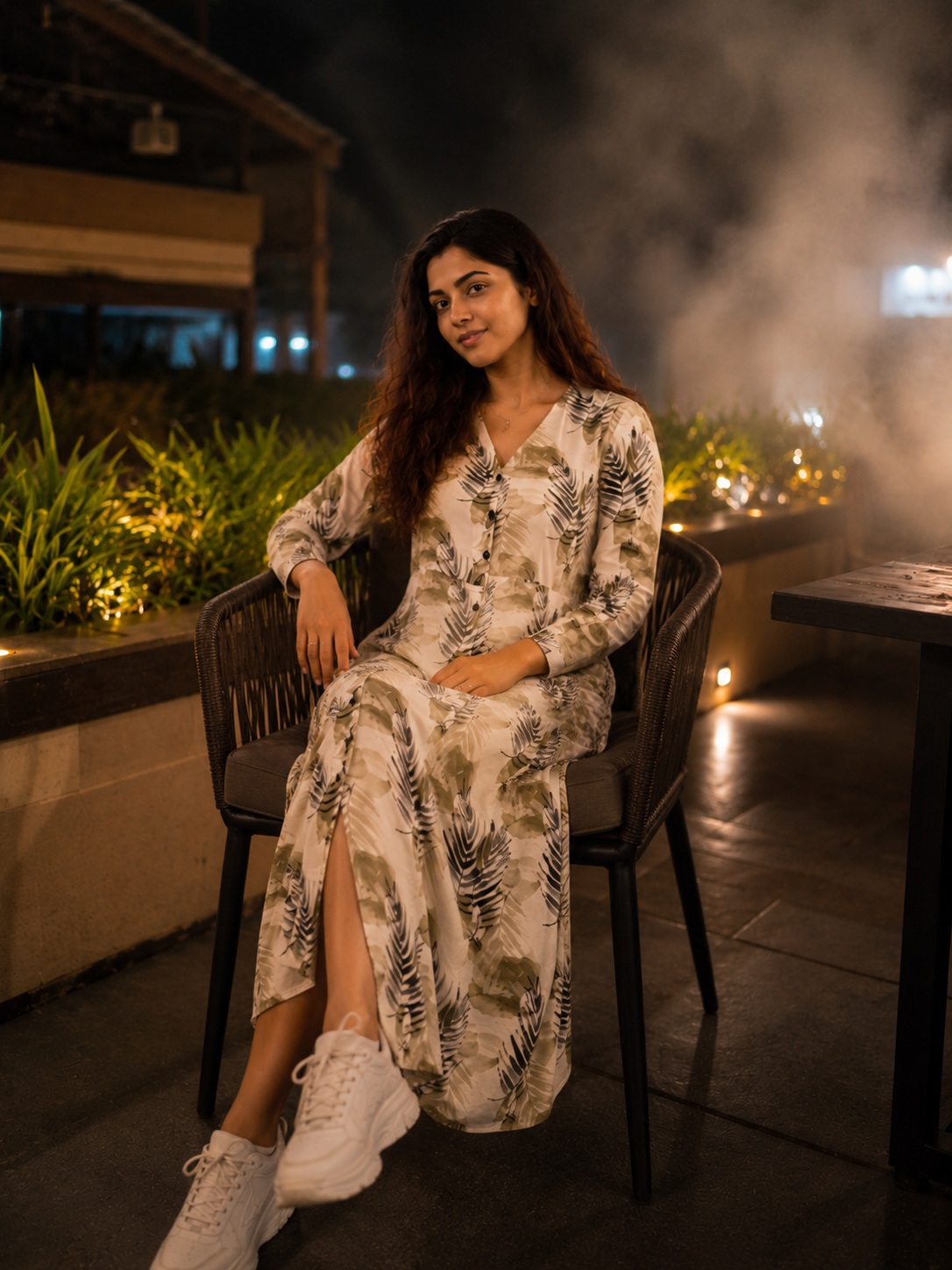 Cream Tropical Leaf Print Maxi Dress for Women | V-Neck Button-Down Full Sleeve Ankle Length Dress with Pockets | Beach, Mountain & Party Wear