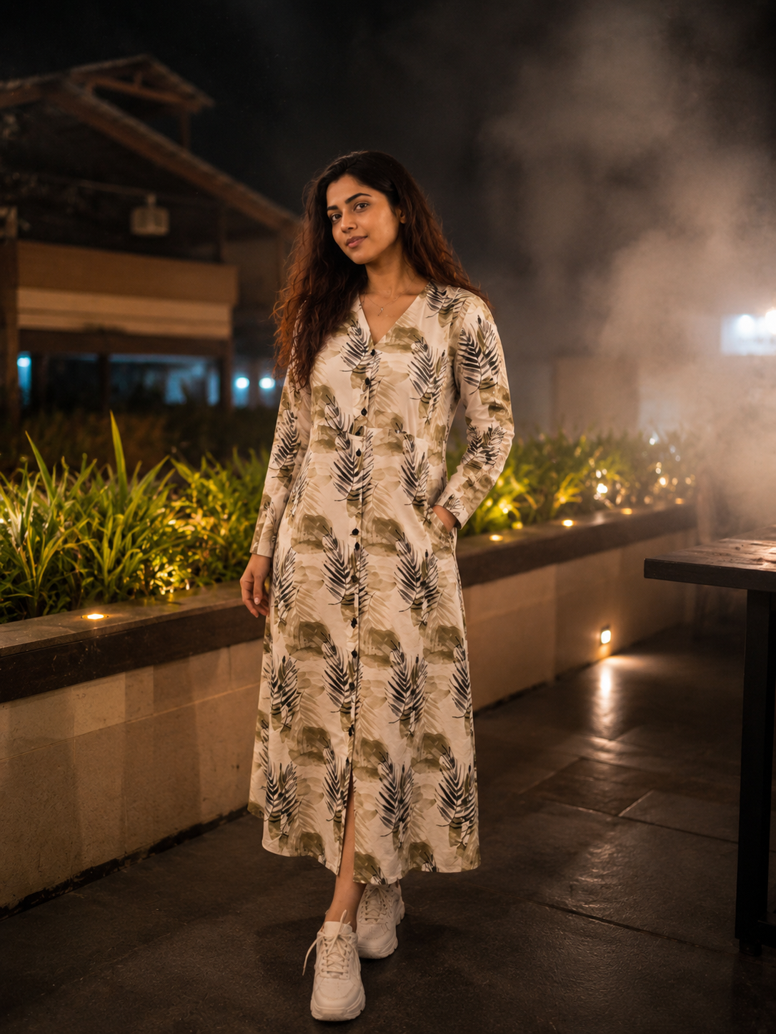 Cream Tropical Leaf Print Maxi Dress for Women | V-Neck Button-Down Full Sleeve Ankle Length Dress with Pockets | Beach, Mountain & Party Wear