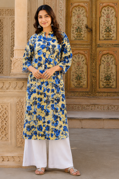 Yellow Blue Floral Cotton A-Line Kurti for Women | Mandarin Collar Button-Down Long Kurti | Casual, Office & Festive Indian Ethnic Wear