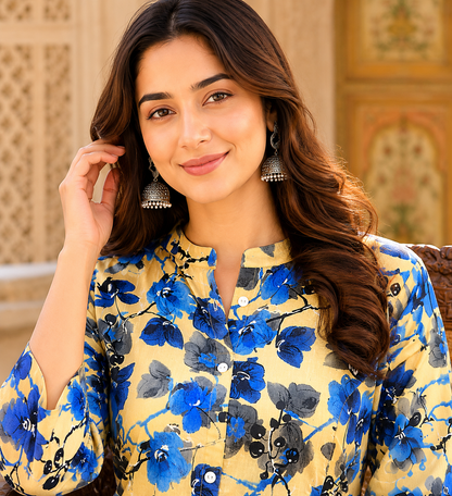 Yellow Blue Floral Cotton A-Line Kurti for Women | Mandarin Collar Button-Down Long Kurti | Casual, Office & Festive Indian Ethnic Wear