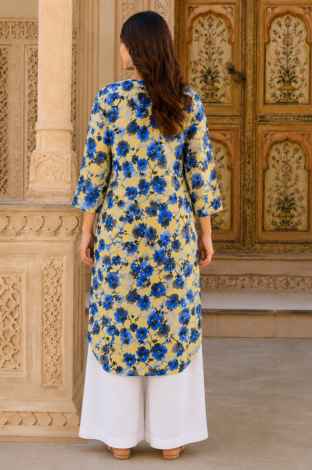 Yellow Blue Floral Cotton A-Line Kurti for Women | Mandarin Collar Button-Down Long Kurti | Casual, Office & Festive Indian Ethnic Wear