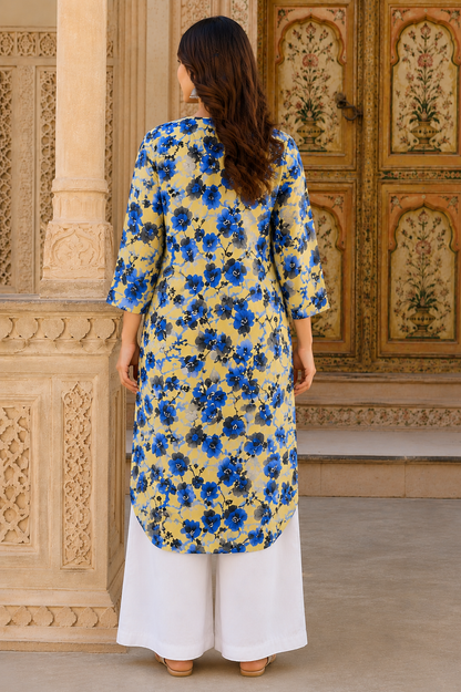 Yellow Blue Floral Cotton A-Line Kurti for Women | Mandarin Collar Button-Down Long Kurti | Casual, Office & Festive Indian Ethnic Wear