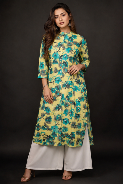 Yellow Green Floral Cotton A-Line Kurti for Women | Mandarin Collar Button-Down Long Kurti | Casual, Office & Festive Ethnic Wear