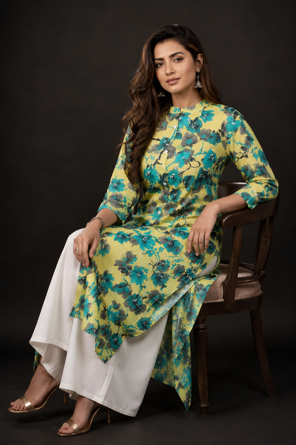 Yellow Green Floral Cotton A-Line Kurti for Women | Mandarin Collar Button-Down Long Kurti | Casual, Office & Festive Ethnic Wear