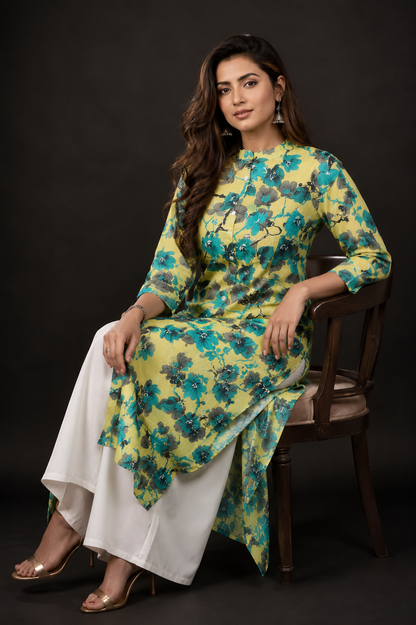 Yellow Green Floral Cotton A-Line Kurti for Women | Mandarin Collar Button-Down Long Kurti | Casual, Office & Festive Ethnic Wear
