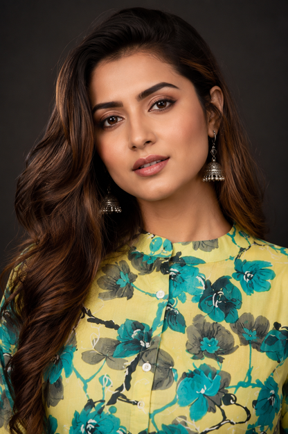Yellow Green Floral Cotton A-Line Kurti for Women | Mandarin Collar Button-Down Long Kurti | Casual, Office & Festive Ethnic Wear