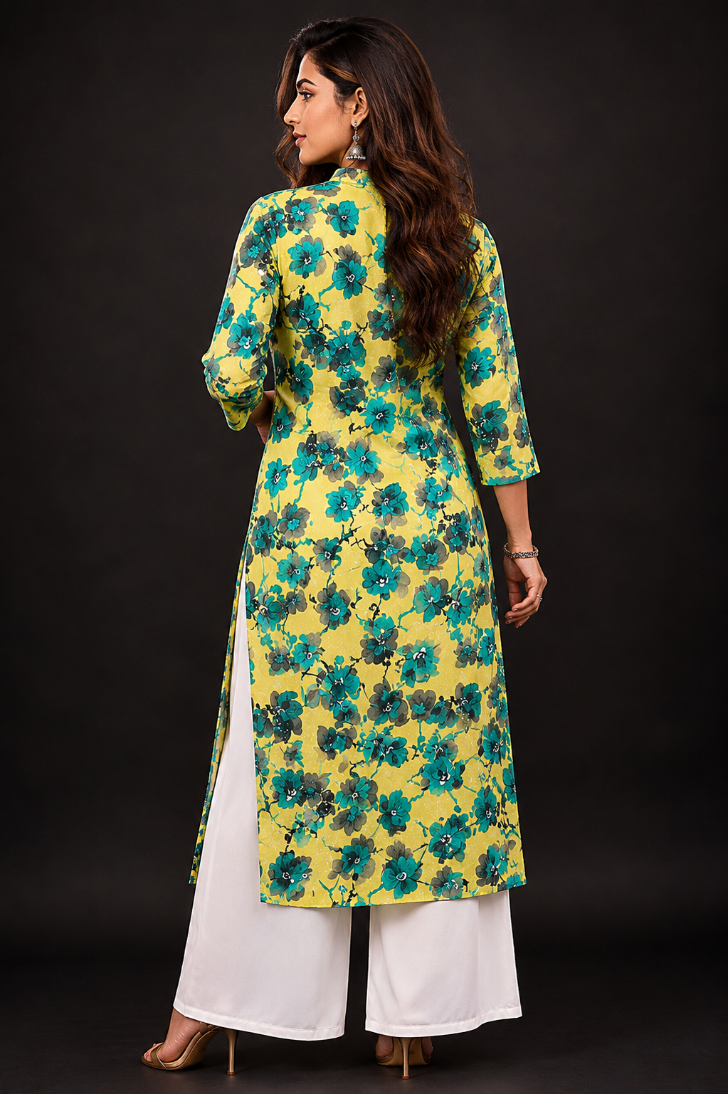 Yellow Green Floral Cotton A-Line Kurti for Women | Mandarin Collar Button-Down Long Kurti | Casual, Office & Festive Ethnic Wear