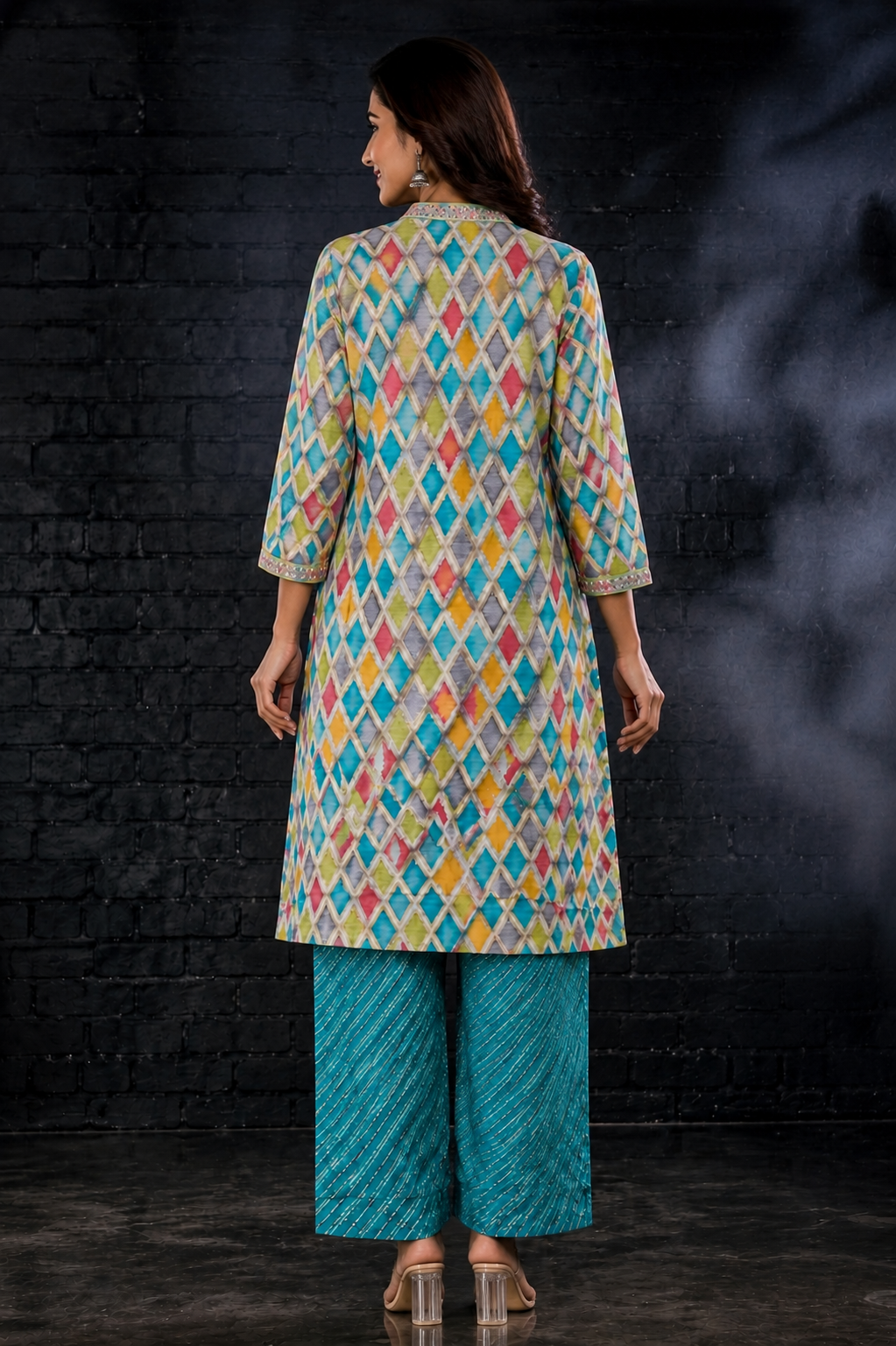 Multicolor Ikat Diamond Print Muslin Coord Set | Sequin Lace Work Shirt Collar Kurta with Teal Palazzo Pants | Women's Ethnic Co-Ord Set