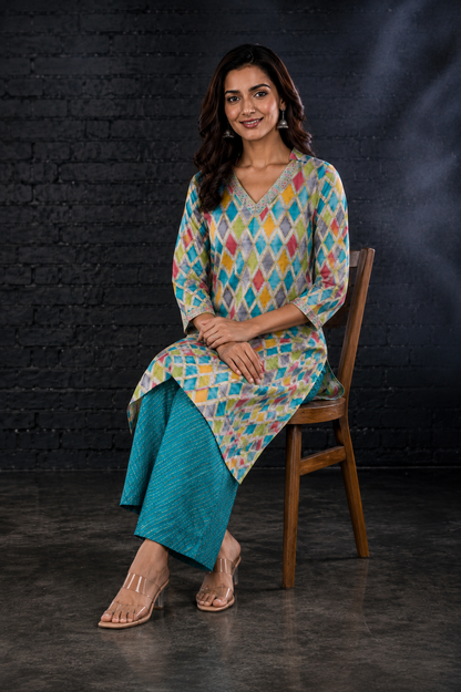 Multicolor Ikat Diamond Print Muslin Coord Set | Sequin Lace Work Shirt Collar Kurta with Teal Palazzo Pants | Women's Ethnic Co-Ord Set