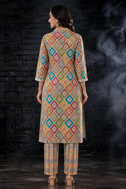 Multicolor Medallion Diamond Print Muslin Coord Set | Sequin Lace Work Shirt Collar Kurta with Chevron Arrow Print Straight Pants | Women's Ethnic Co-Ord Set