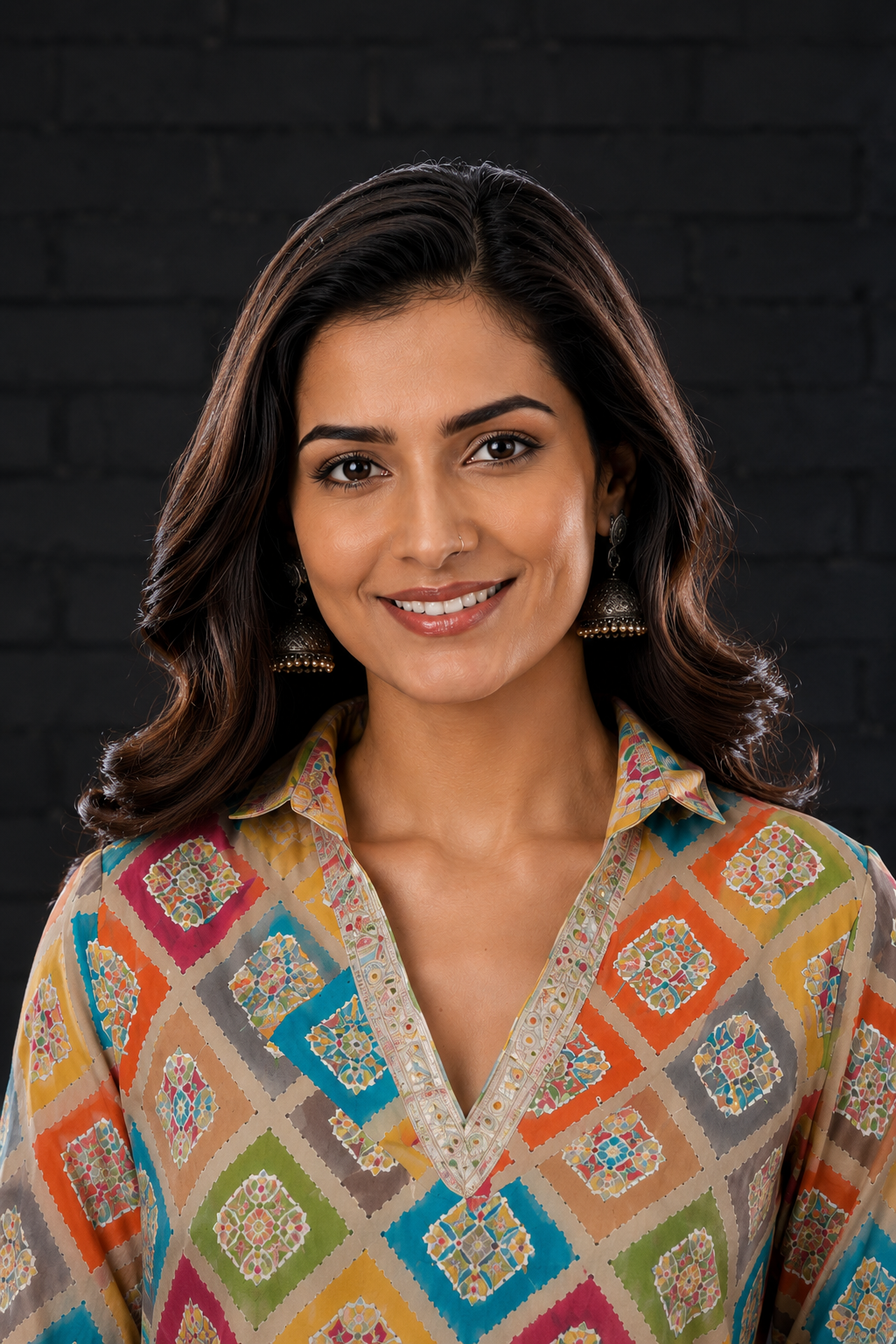 Multicolor Medallion Diamond Print Muslin Coord Set | Sequin Lace Work Shirt Collar Kurta with Chevron Arrow Print Straight Pants | Women's Ethnic Co-Ord Set