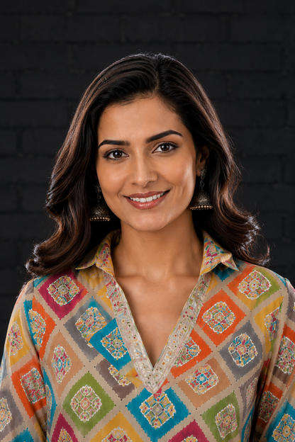 Multicolor Medallion Diamond Print Muslin Coord Set | Sequin Lace Work Shirt Collar Kurta with Chevron Arrow Print Straight Pants | Women's Ethnic Co-Ord Set