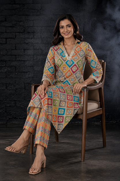 Multicolor Medallion Diamond Print Muslin Coord Set | Sequin Lace Work Shirt Collar Kurta with Chevron Arrow Print Straight Pants | Women's Ethnic Co-Ord Set