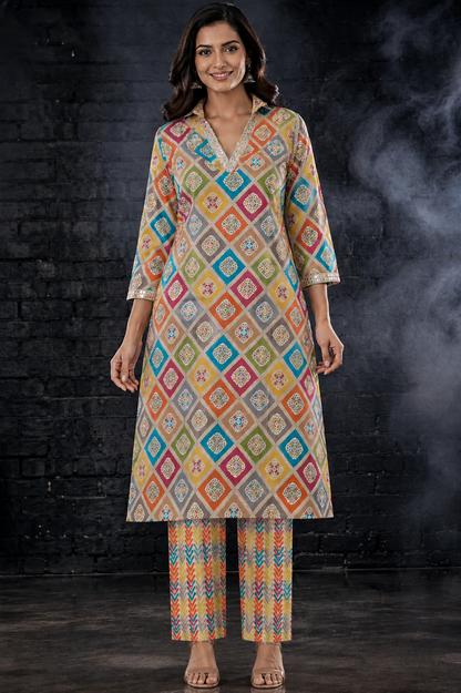 Multicolor Medallion Diamond Print Muslin Coord Set | Sequin Lace Work Shirt Collar Kurta with Chevron Arrow Print Straight Pants | Women's Ethnic Co-Ord Set