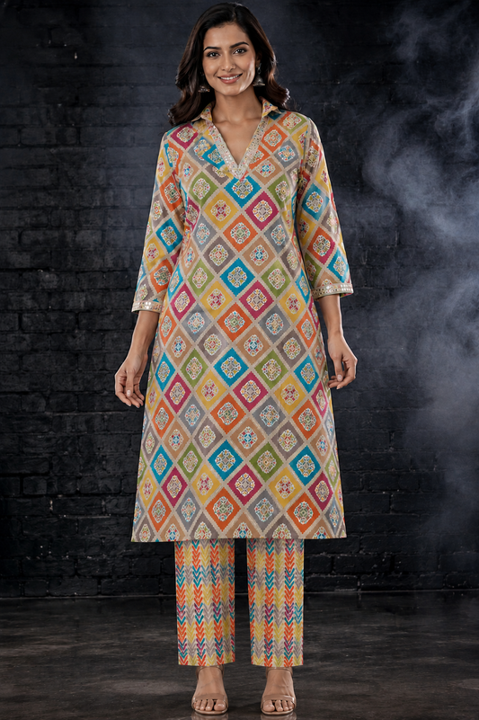 Multicolor Medallion Diamond Print Muslin Coord Set | Sequin Lace Work Shirt Collar Kurta with Chevron Arrow Print Straight Pants | Women's Ethnic Co-Ord Set