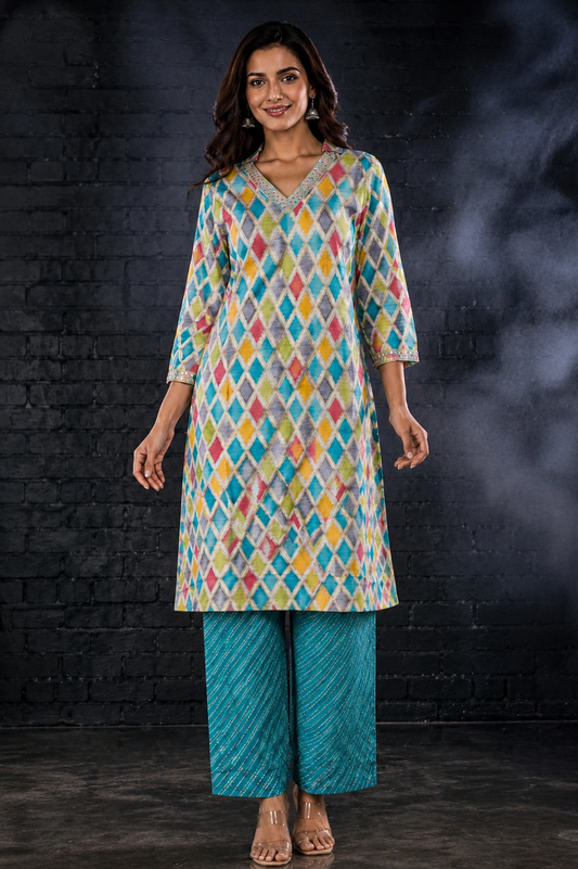 Multicolor Ikat Diamond Print Muslin Coord Set | Sequin Lace Work Shirt Collar Kurta with Teal Palazzo Pants | Women's Ethnic Co-Ord Set