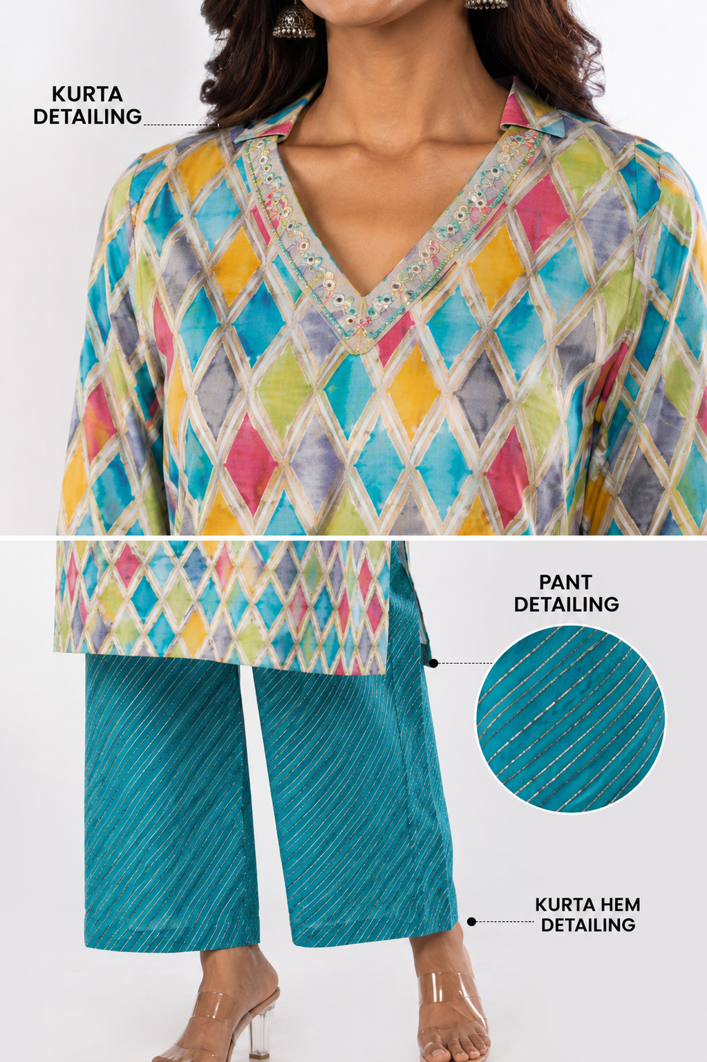 Multicolor Ikat Diamond Print Muslin Coord Set | Sequin Lace Work Shirt Collar Kurta with Teal Palazzo Pants | Women's Ethnic Co-Ord Set