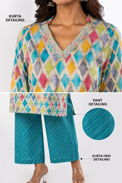 Multicolor Ikat Diamond Print Muslin Coord Set | Sequin Lace Work Shirt Collar Kurta with Teal Palazzo Pants | Women's Ethnic Co-Ord Set