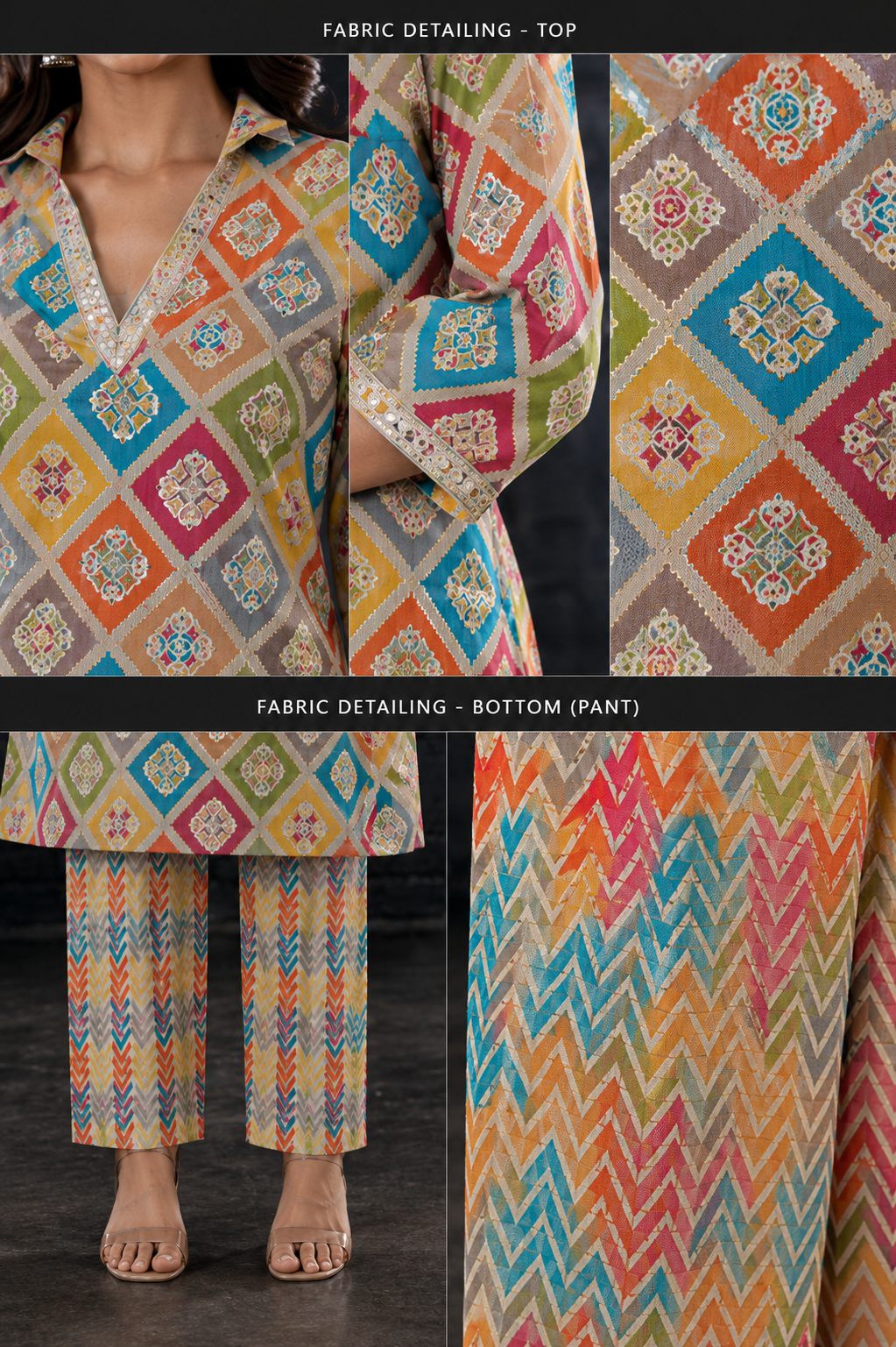 Multicolor Medallion Diamond Print Muslin Coord Set | Sequin Lace Work Shirt Collar Kurta with Chevron Arrow Print Straight Pants | Women's Ethnic Co-Ord Set