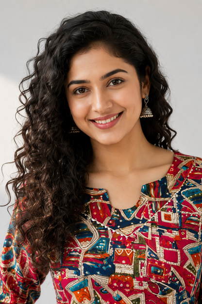 Multicolor Bandage Print Below Knee Length Kurti | Three-Fourth Sleeve Straight Kurta for Women