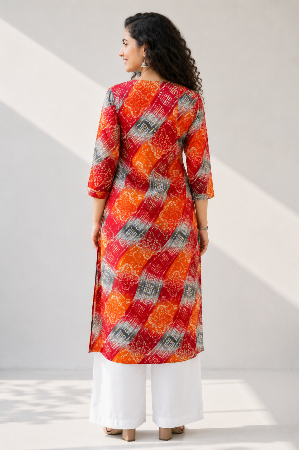 Red Orange Bandhani Print Below Knee Length Kurti | Three-Fourth Sleeve Straight Kurta for Women