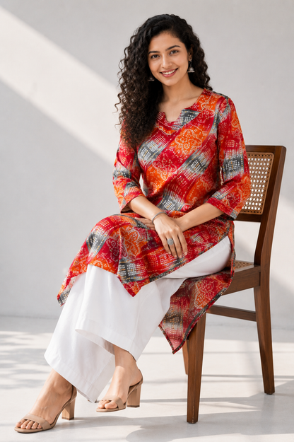 Red Orange Bandhani Print Below Knee Length Kurti | Three-Fourth Sleeve Straight Kurta for Women