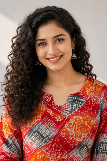 Red Orange Bandhani Print Below Knee Length Kurti | Three-Fourth Sleeve Straight Kurta for Women