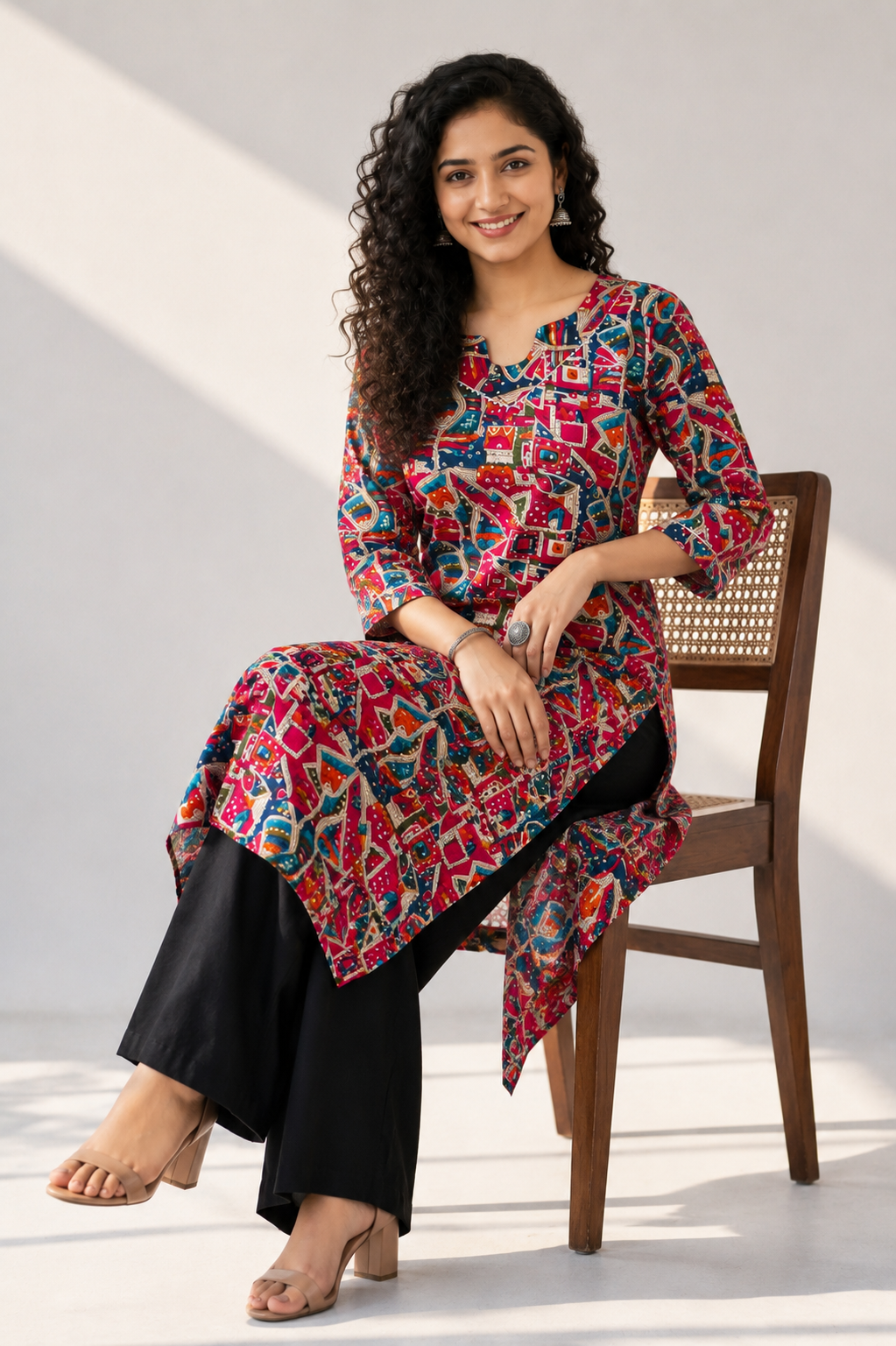 Multicolor Bandage Print Below Knee Length Kurti | Three-Fourth Sleeve Straight Kurta for Women